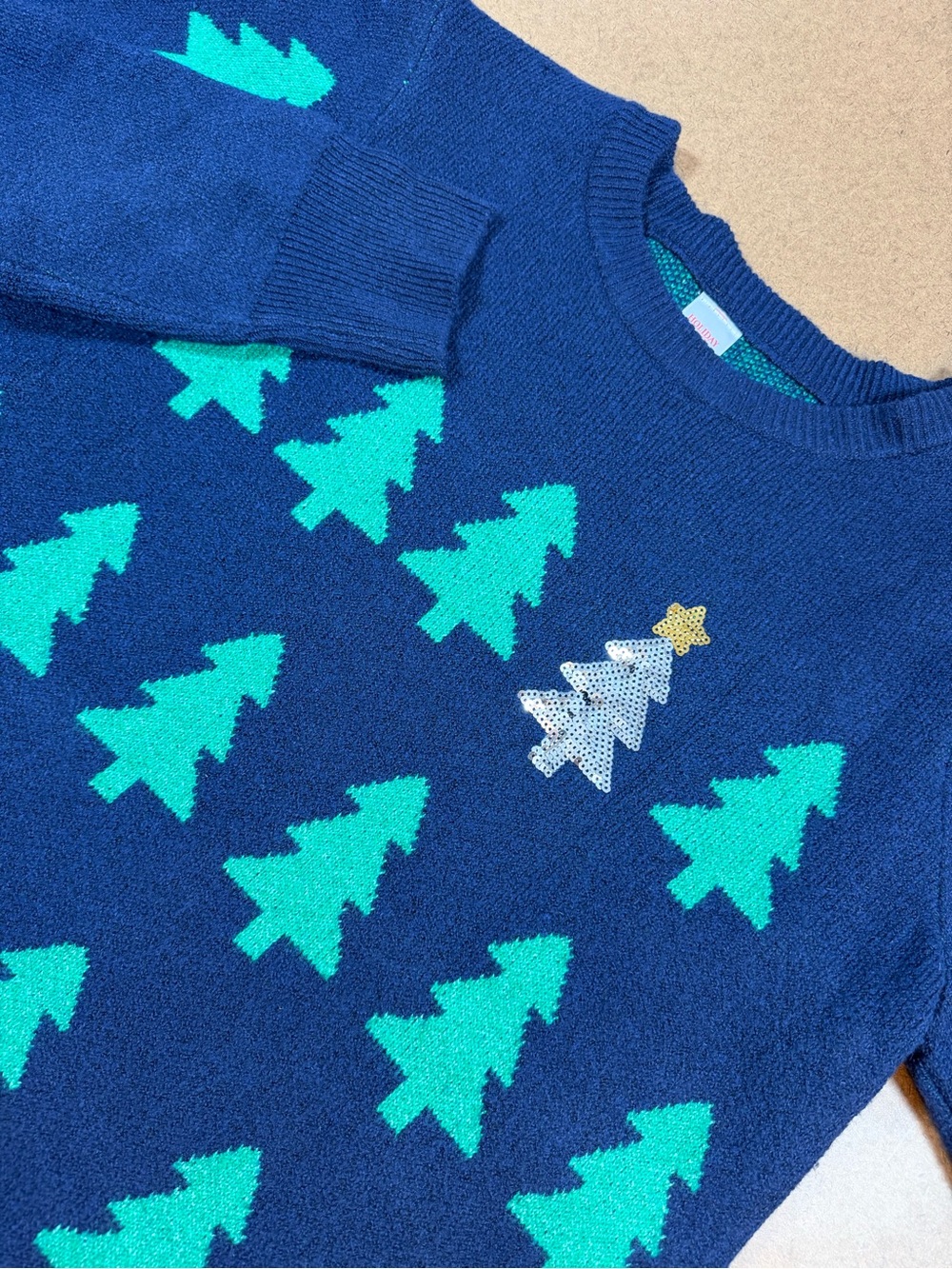 Holiday Time Navy and Teal Crewneck Sweater with Sequin Tree